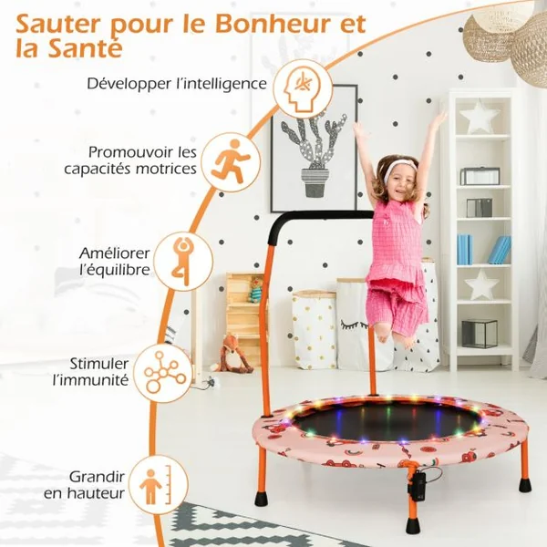 Trampoline pour Enfants Ø92CM Lumineux avec Poignée Amovible Charge 25KG pour Sports de Saut Intérieur Extérieur Orange