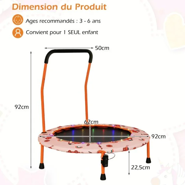 Trampoline pour Enfants Ø92CM Lumineux avec Poignée Amovible Charge 25KG pour Sports de Saut Intérieur Extérieur Orange