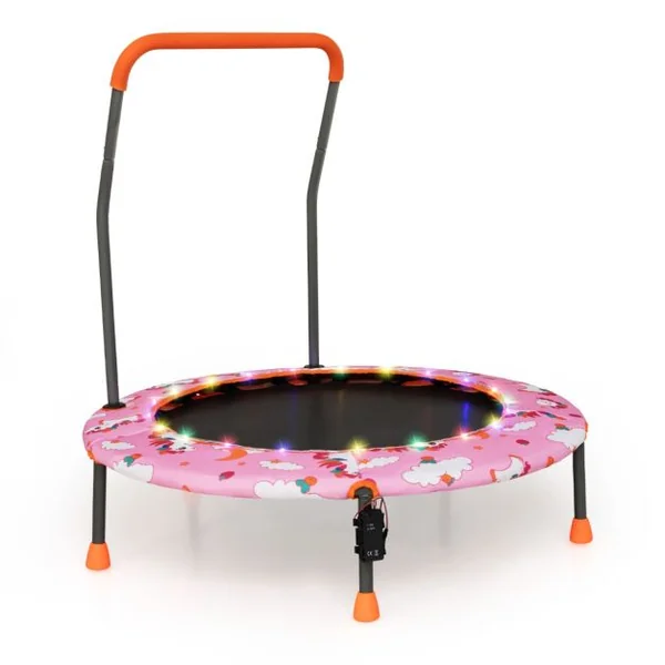 Trampoline pour Enfants Ø92CM Lumineux avec Poignée Amovible Charge 25KG pour Sports de Saut Intérieur Extérieur Rose