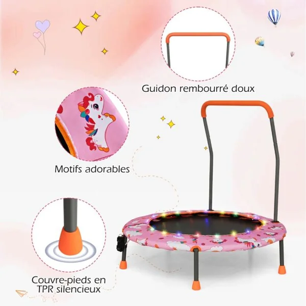 Trampoline pour Enfants Ø92CM Lumineux avec Poignée Amovible Charge 25KG pour Sports de Saut Intérieur Extérieur Rose