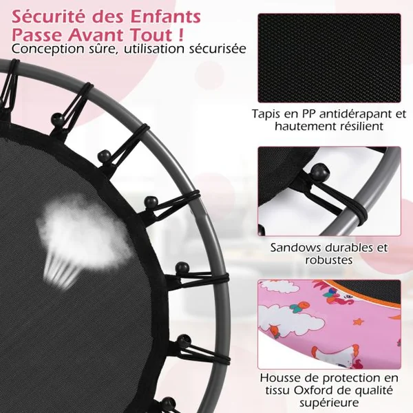 Trampoline pour Enfants Ø92CM Lumineux avec Poignée Amovible Charge 25KG pour Sports de Saut Intérieur Extérieur Rose