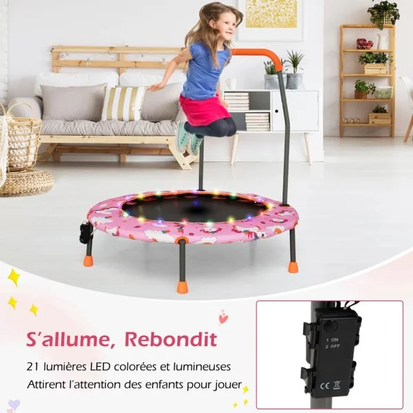 Trampoline pour Enfants Ø92CM Lumineux avec Poignée Amovible Charge 25KG pour Sports de Saut Intérieur Extérieur Rose