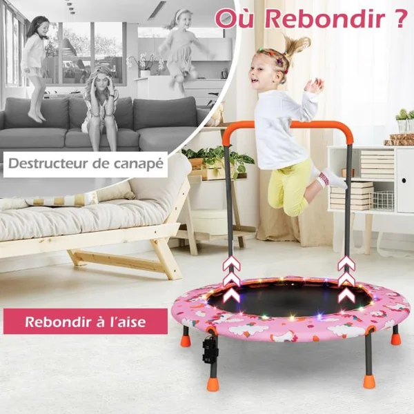 Trampoline pour Enfants Ø92CM Lumineux avec Poignée Amovible Charge 25KG pour Sports de Saut Intérieur Extérieur Rose