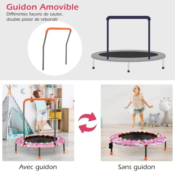 Trampoline pour Enfants Ø92CM Lumineux avec Poignée Amovible Charge 25KG pour Sports de Saut Intérieur Extérieur Rose