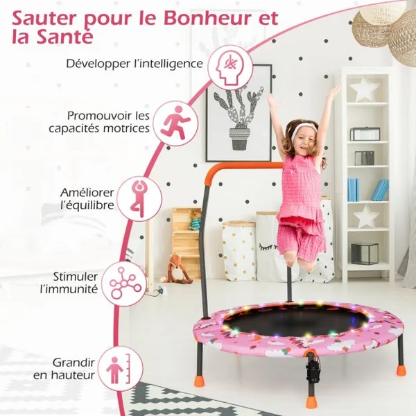 Trampoline pour Enfants Ø92CM Lumineux avec Poignée Amovible Charge 25KG pour Sports de Saut Intérieur Extérieur Rose