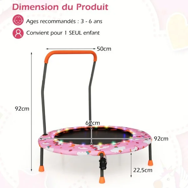 Trampoline pour Enfants Ø92CM Lumineux avec Poignée Amovible Charge 25KG pour Sports de Saut Intérieur Extérieur Rose
