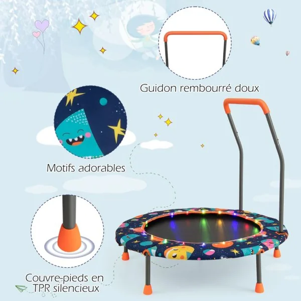 Trampoline pour Enfants Ø92CM Lumineux avec Poignée Amovible Charge 25KG pour Sports de Saut Intérieur Extérieur
