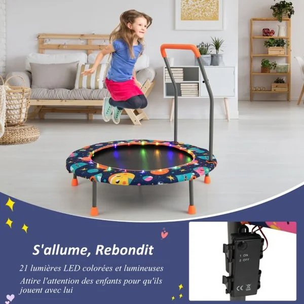Trampoline pour Enfants Ø92CM Lumineux avec Poignée Amovible Charge 25KG pour Sports de Saut Intérieur Extérieur