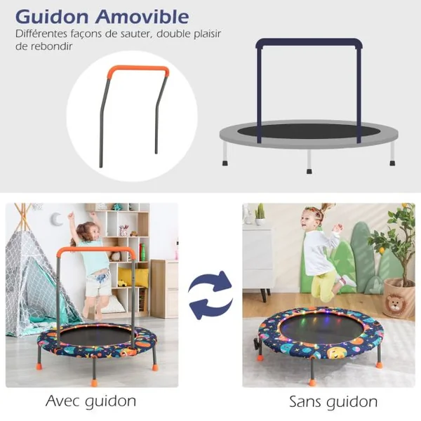 Trampoline pour Enfants Ø92CM Lumineux avec Poignée Amovible Charge 25KG pour Sports de Saut Intérieur Extérieur