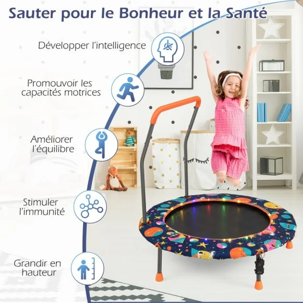 Trampoline pour Enfants Ø92CM Lumineux avec Poignée Amovible Charge 25KG pour Sports de Saut Intérieur Extérieur