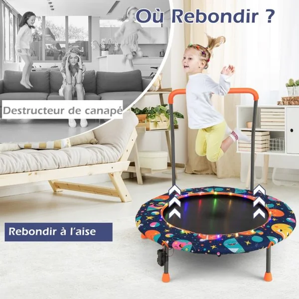 Trampoline pour Enfants Ø92CM Lumineux avec Poignée Amovible Charge 25KG pour Sports de Saut Intérieur Extérieur