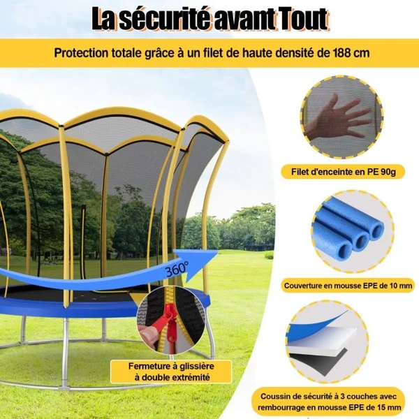 Trampoline pour Enfants Ø 244cm en Forme de Fleur avec Filet de Protection Coussin de Sécurité et Cadre en Métal Galvanisé Jaune