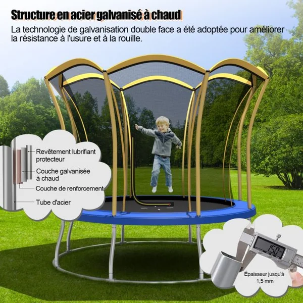 Trampoline pour Enfants Ø 244cm en Forme de Fleur avec Filet de Protection Coussin de Sécurité et Cadre en Métal Galvanisé Jaune