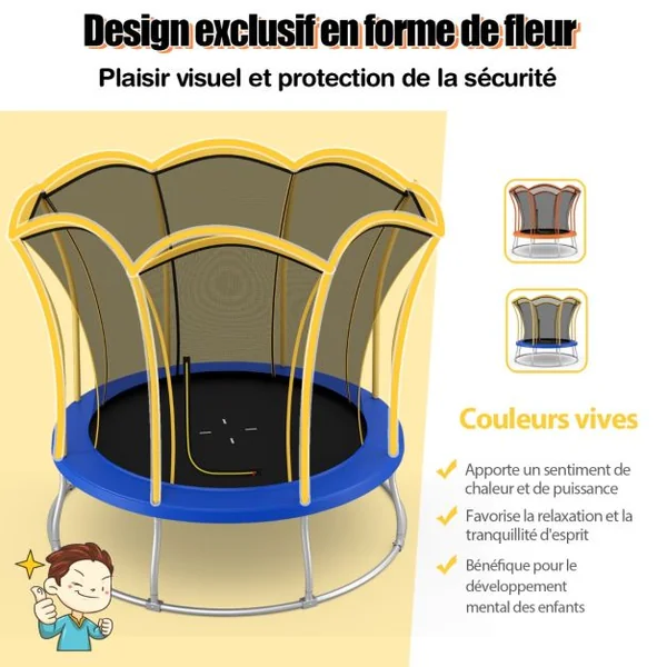 Trampoline pour Enfants Ø 244cm en Forme de Fleur avec Filet de Protection Coussin de Sécurité et Cadre en Métal Galvanisé Jaune