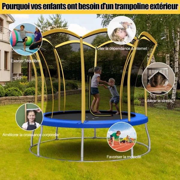 Trampoline pour Enfants Ø 244cm en Forme de Fleur avec Filet de Protection Coussin de Sécurité et Cadre en Métal Galvanisé Jaune