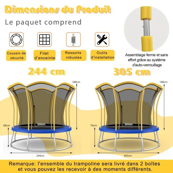 Trampoline pour Enfants Ø 244cm en Forme de Fleur avec Filet de Protection Coussin de Sécurité et Cadre en Métal Galvanisé Jaune