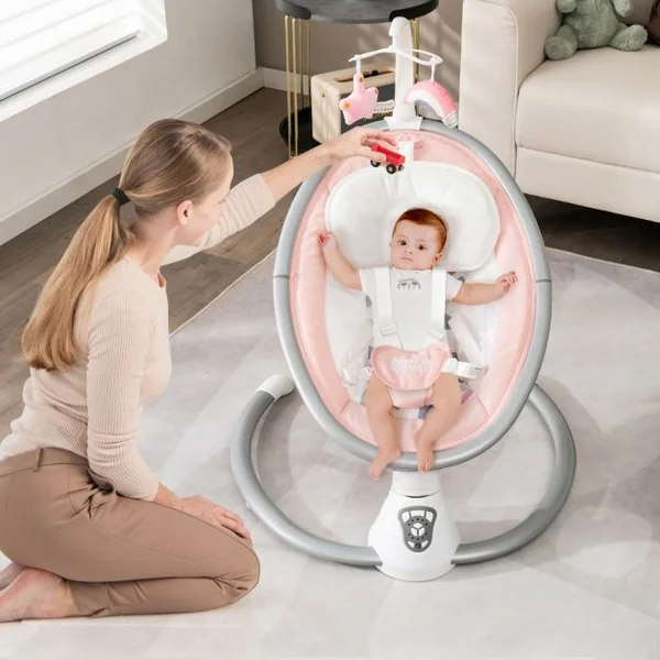 Transat Bébé Électrique 5 Amplitudes de Balançoire Balancelle pour Bébé 0-6 Mois avec Musique 2 Jouets Minuterie Rose