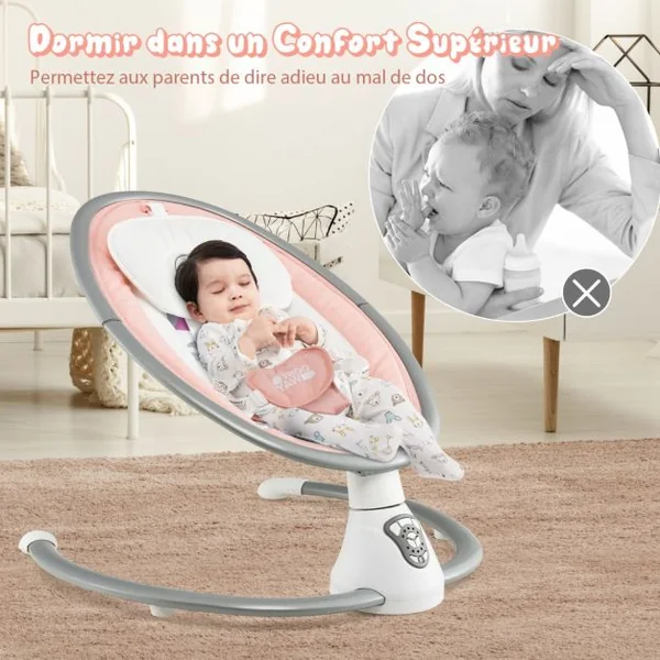 Transat Bébé Électrique 5 Amplitudes de Balançoire Balancelle pour Bébé 0-6 Mois avec Musique 2 Jouets Minuterie Rose