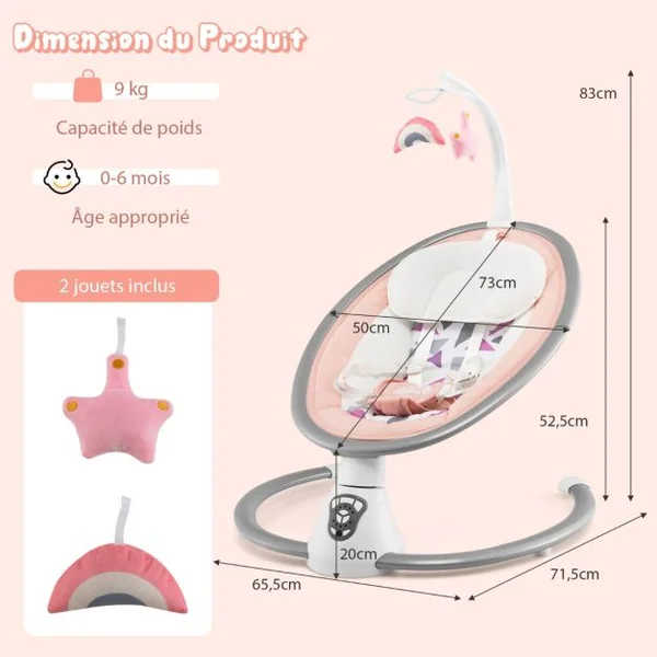Transat Bébé Électrique 5 Amplitudes de Balançoire Balancelle pour Bébé 0-6 Mois avec Musique 2 Jouets Minuterie Rose