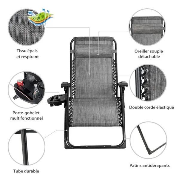 Transat Jardin Extérieur Capacité 227 KG Chaise Longue Pliante Cadre en Métal Repose-Pied Tissu Teslin Respirant Gris