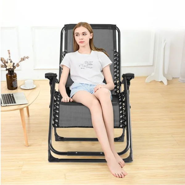 Transat Jardin Extérieur Capacité 227 KG Chaise Longue Pliante Cadre en Métal Repose-Pied Tissu Teslin Respirant Noir