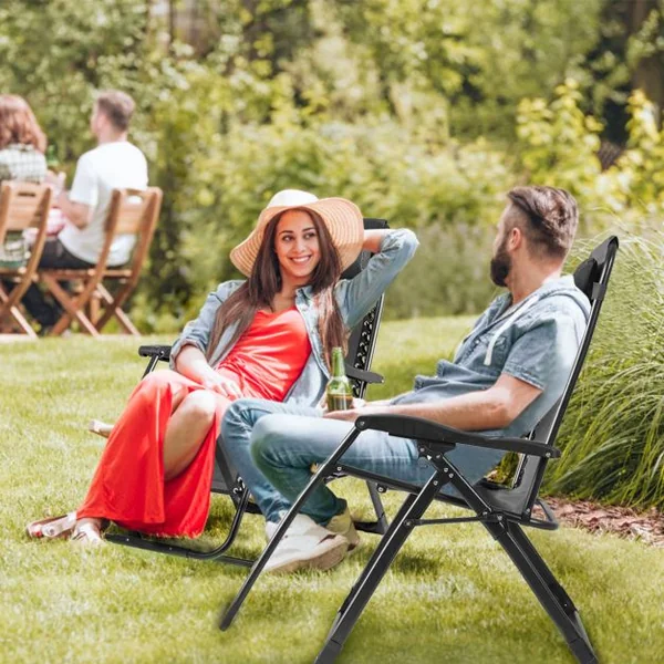 Transat Jardin Extérieur Capacité 227 KG Chaise Longue Pliante Cadre en Métal Repose-Pied Tissu Teslin Respirant Noir