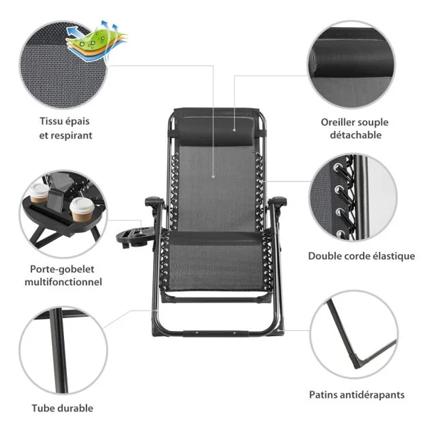 Transat Jardin Extérieur Capacité 227 KG Chaise Longue Pliante Cadre en Métal Repose-Pied Tissu Teslin Respirant Noir