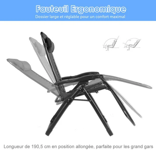 Transat Jardin Extérieur Capacité 227 KG Chaise Longue Pliante Cadre en Métal Repose-Pied Tissu Teslin Respirant Noir