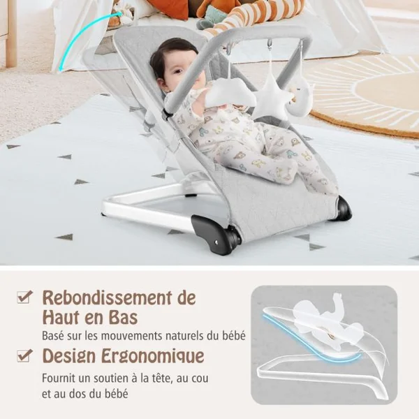 Transat pour Bébé Pliable avec Harnais de Sécurité à 5 Points Housse en Tissu Amovible et Barre de Jouets pour Bébés 0-6 Mois Gris