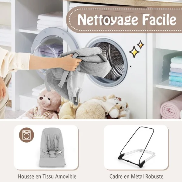 Transat pour Bébé Pliable avec Harnais de Sécurité à 5 Points Housse en Tissu Amovible et Barre de Jouets pour Bébés 0-6 Mois Gris