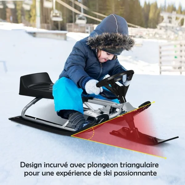 Traîneau à Neige Enfants avec Volant & Double frein Luge à Neige en Fer avec Siège Elargi, Structure Triangulaire Stable Charge 75kg pour Enfants de 4 Ans+ Gris