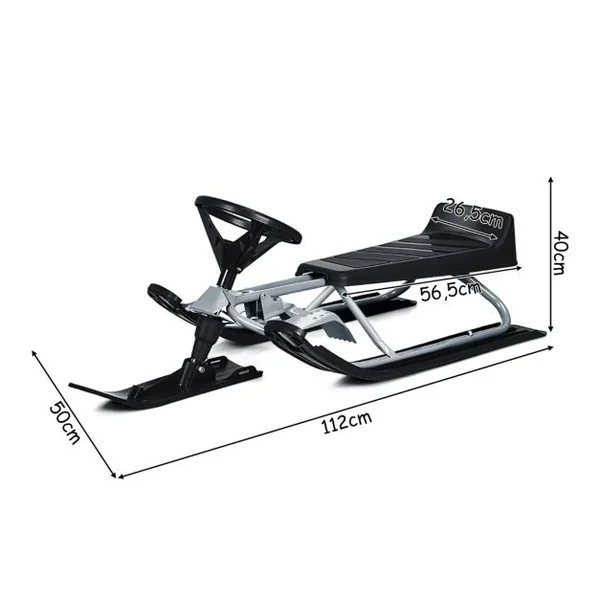 Traîneau à Neige Enfants avec Volant & Double frein Luge à Neige en Fer avec Siège Elargi, Structure Triangulaire Stable Charge 75kg pour Enfants de 4 Ans+ Gris