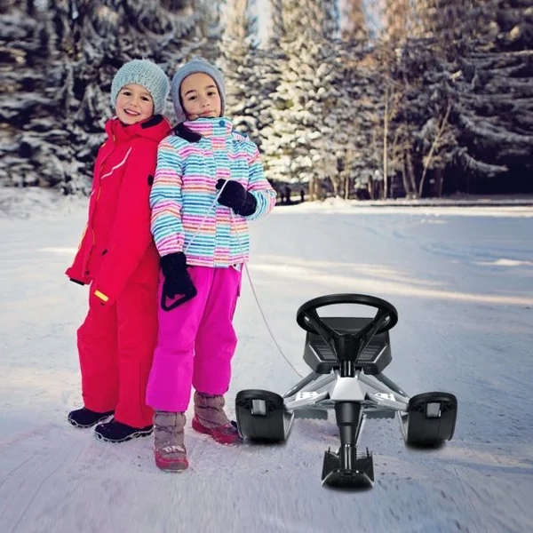 Traîneau à Neige Enfants avec Volant & Double frein Luge à Neige en Fer avec Siège Elargi, Structure Triangulaire Stable Charge 75kg pour Enfants de 4 Ans+ Gris