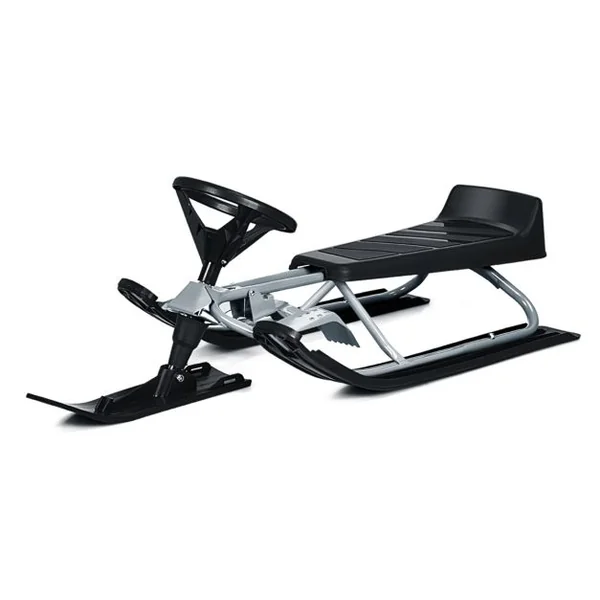 Traîneau à Neige Enfants avec Volant & Double frein Luge à Neige en Fer avec Siège Elargi, Structure Triangulaire Stable Charge 75kg pour Enfants de 4 Ans+ Gris
