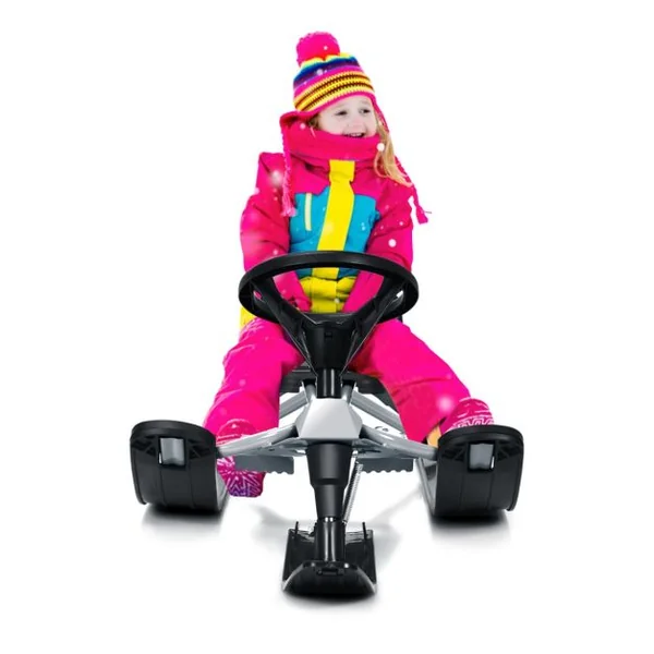 Traîneau à Neige Enfants avec Volant & Double frein Luge à Neige en Fer avec Siège Elargi, Structure Triangulaire Stable Charge 75kg pour Enfants de 4 Ans+ Gris