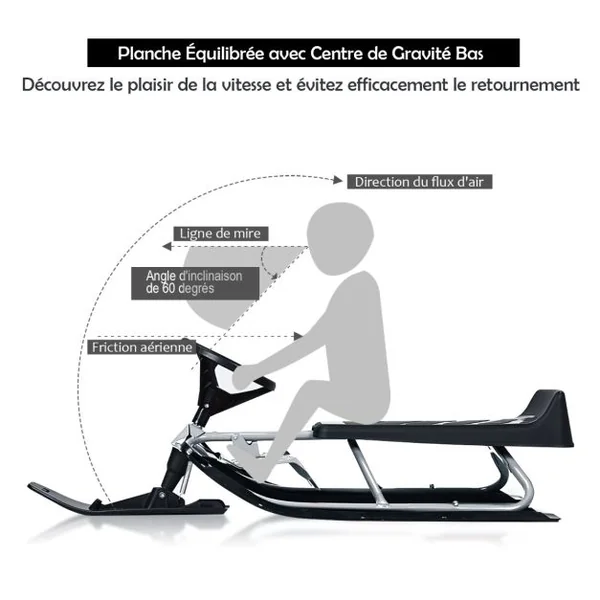 Traîneau à Neige Enfants avec Volant & Double frein Luge à Neige en Fer avec Siège Elargi, Structure Triangulaire Stable Charge 75kg pour Enfants de 4 Ans+ Gris