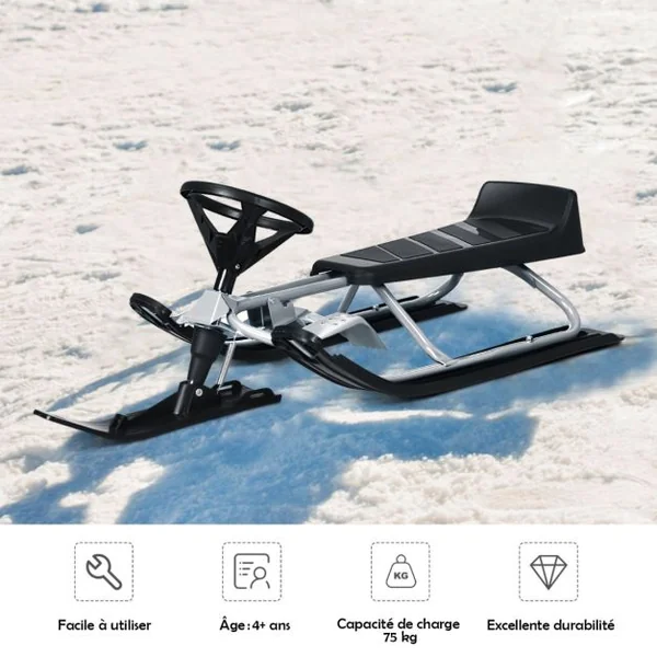 Traîneau à Neige Enfants avec Volant & Double frein Luge à Neige en Fer avec Siège Elargi, Structure Triangulaire Stable Charge 75kg pour Enfants de 4 Ans+ Gris