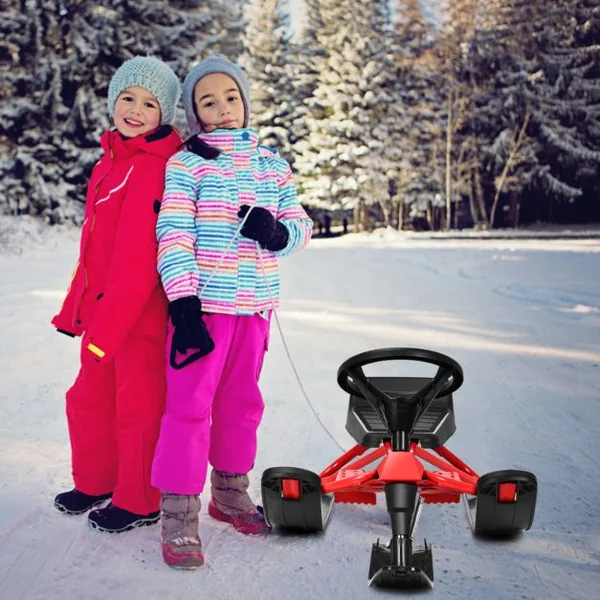 Traîneau à Neige Enfants avec Volant & Double frein Luge à Neige en Fer avec Siège Elargi, Structure Triangulaire Stable Charge 75kg pour Enfants de 4 Ans+ Rouge