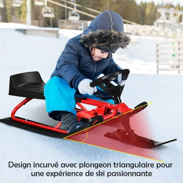 Traîneau à Neige Enfants avec Volant & Double frein Luge à Neige en Fer avec Siège Elargi, Structure Triangulaire Stable Charge 75kg pour Enfants de 4 Ans+ Rouge