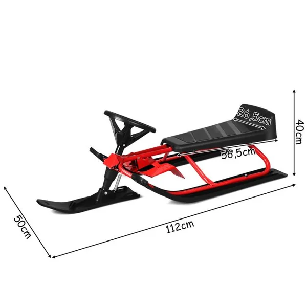 Traîneau à Neige Enfants avec Volant & Double frein Luge à Neige en Fer avec Siège Elargi, Structure Triangulaire Stable Charge 75kg pour Enfants de 4 Ans+ Rouge