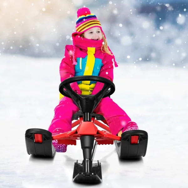 Traîneau à Neige Enfants avec Volant & Double frein Luge à Neige en Fer avec Siège Elargi, Structure Triangulaire Stable Charge 75kg pour Enfants de 4 Ans+ Rouge