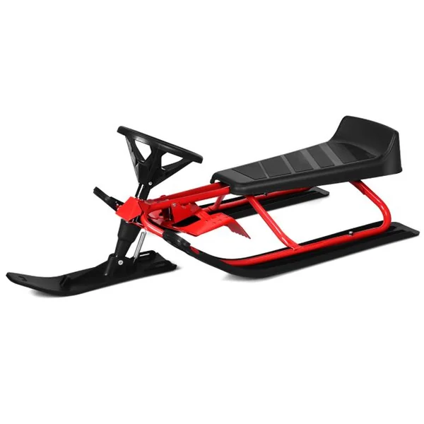 Traîneau à Neige Enfants avec Volant & Double frein Luge à Neige en Fer avec Siège Elargi, Structure Triangulaire Stable Charge 75kg pour Enfants de 4 Ans+ Rouge