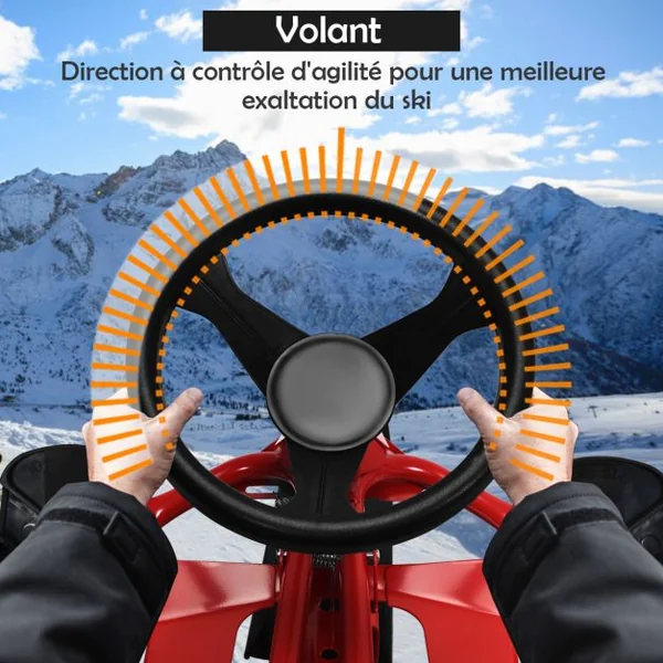 Traîneau à Neige Enfants avec Volant & Double frein Luge à Neige en Fer avec Siège Elargi, Structure Triangulaire Stable Charge 75kg pour Enfants de 4 Ans+ Rouge