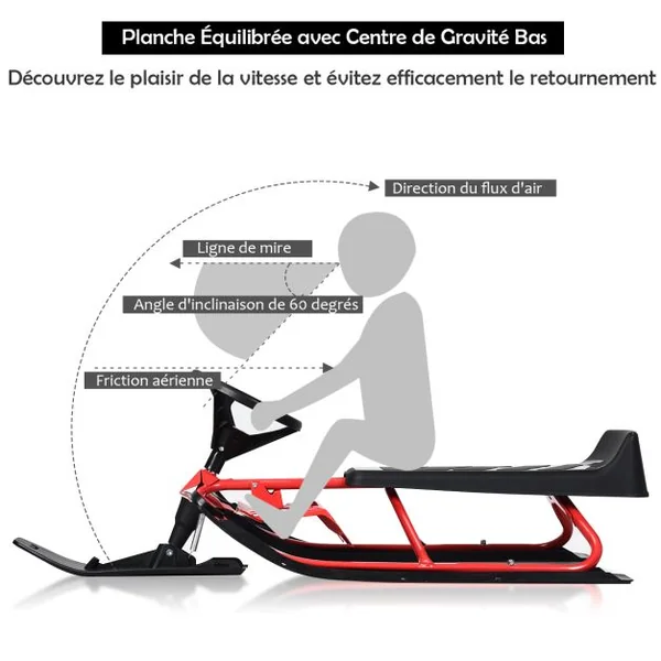 Traîneau à Neige Enfants avec Volant & Double frein Luge à Neige en Fer avec Siège Elargi, Structure Triangulaire Stable Charge 75kg pour Enfants de 4 Ans+ Rouge