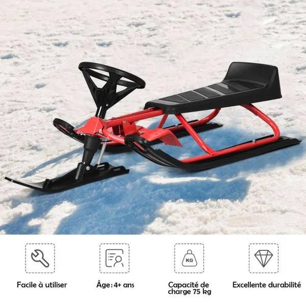 Traîneau à Neige Enfants avec Volant & Double frein Luge à Neige en Fer avec Siège Elargi, Structure Triangulaire Stable Charge 75kg pour Enfants de 4 Ans+ Rouge