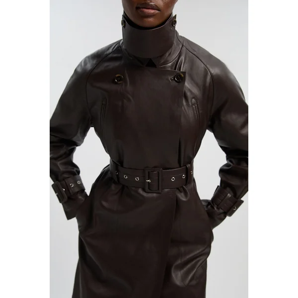 Trench-coat En Cuir Avec Ceinture