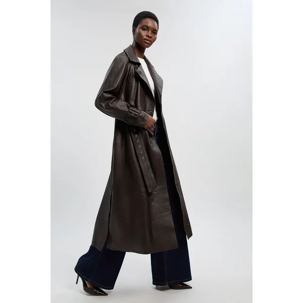 Trench-coat En Cuir Avec Ceinture