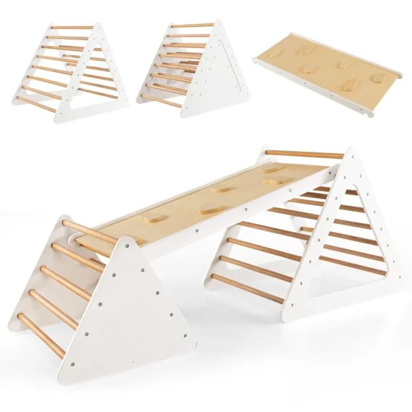Triangle d'Escalade 3-en-1 pour Enfants avec 2 Échelles Triangle Rampe Réversible pour Grimper et Glisser en Bois Beige/Gris/Coloré