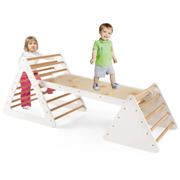 Triangle d'Escalade 3-en-1 pour Enfants avec 2 Échelles Triangle Rampe Réversible pour Grimper et Glisser en Bois Beige/Gris/Coloré