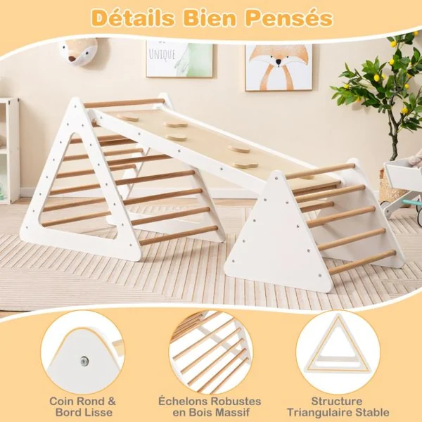 Triangle d'Escalade 3-en-1 pour Enfants avec 2 Échelles Triangle Rampe Réversible pour Grimper et Glisser en Bois Beige/Gris/Coloré